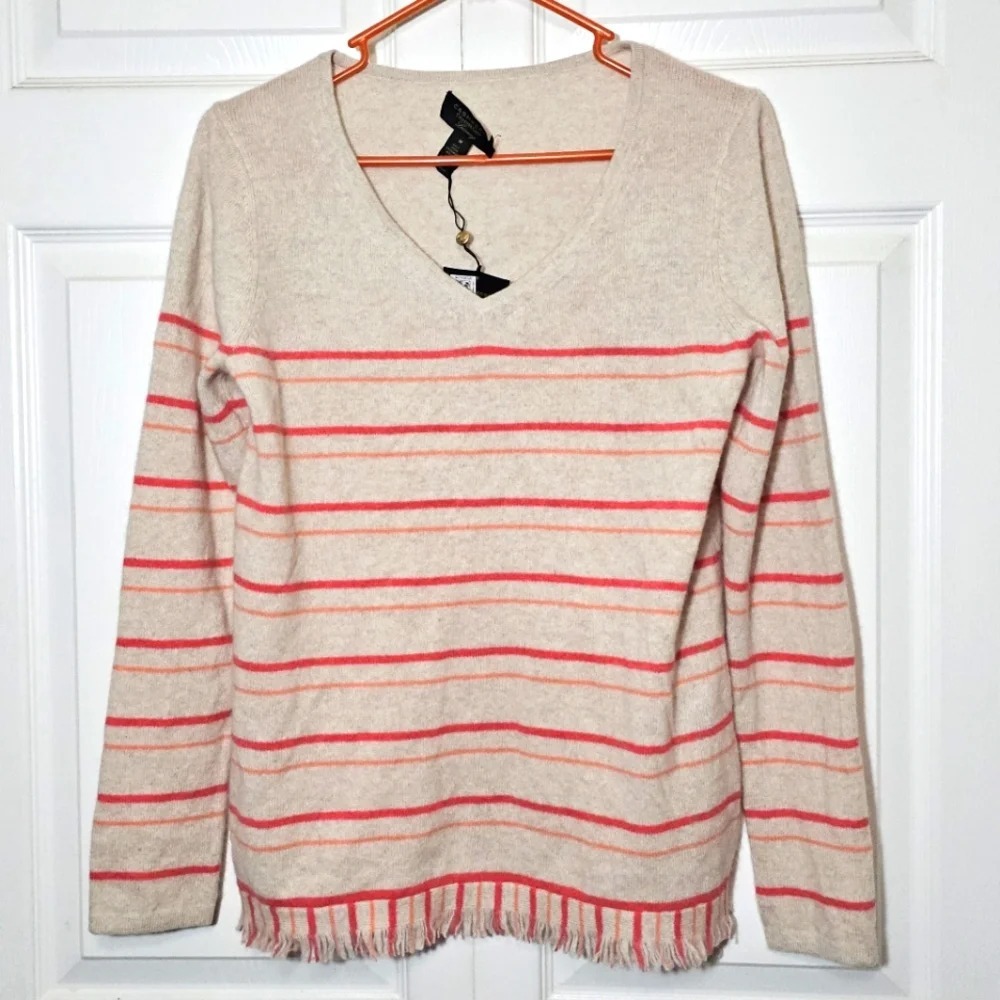 Cashmere Charter Club Striped‎ Women's V-Neck Sweater Medium NEW Fringe Luxury